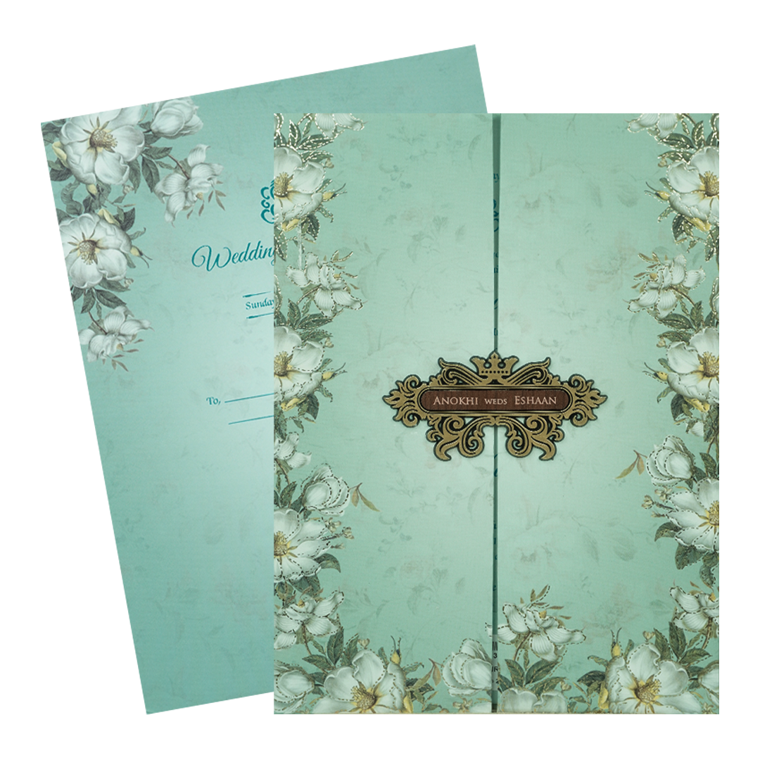Pastel Blue Floral Wood Foil Padded Wedding Card-KJTS3659