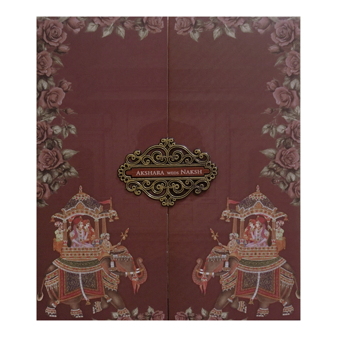 Maroon Royal Couple Elephant Wedding Invitation Card - KVN07570