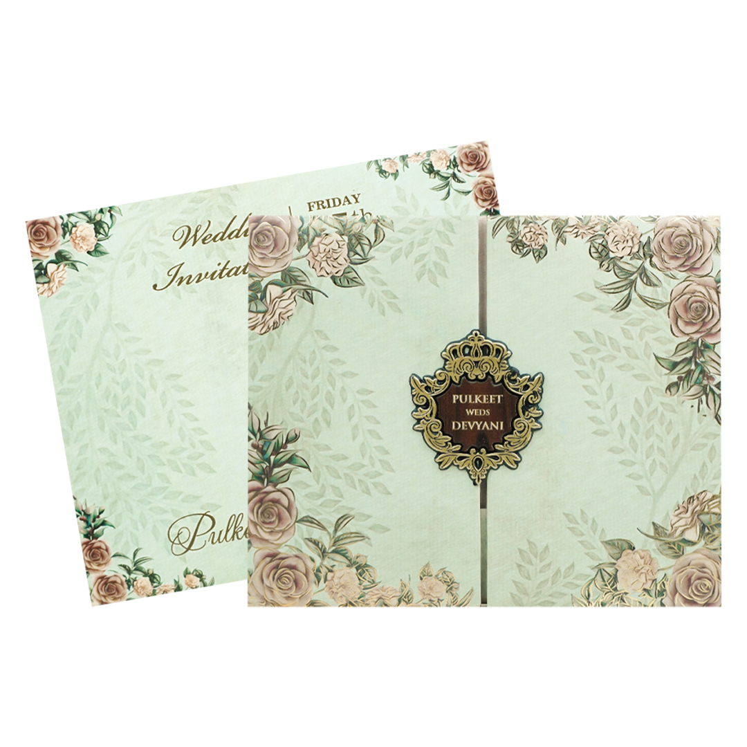 Green Floral Gold Padded Wedding Card-KJTS1770