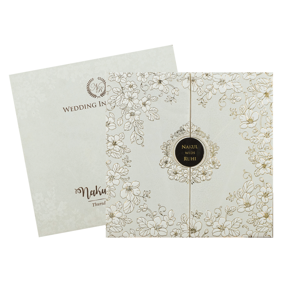 White Floral Gold Circle Padded Wedding Card-KRE28310
