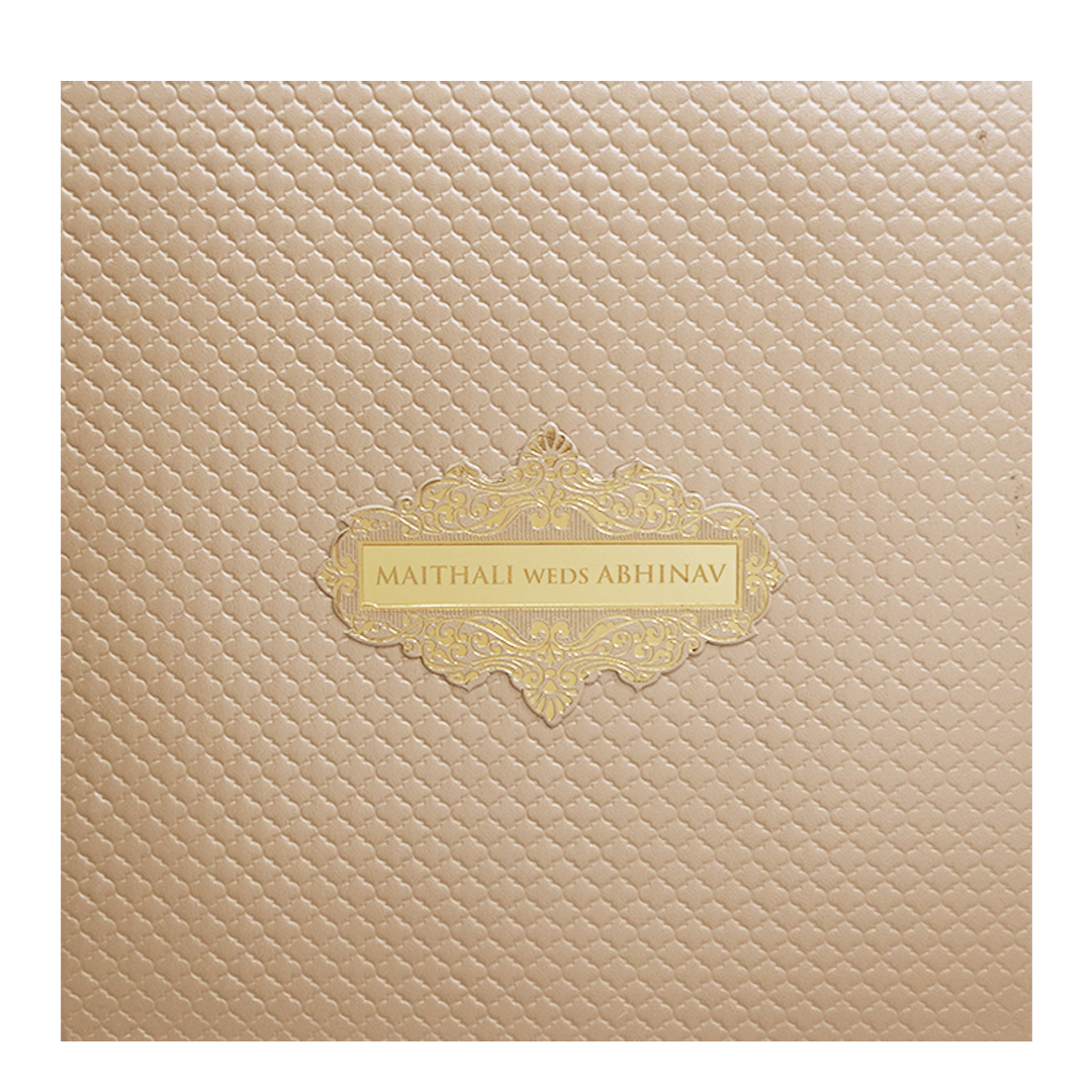 Beige Cream Floral Embossed Padded Wedding Card-KMMWD1128