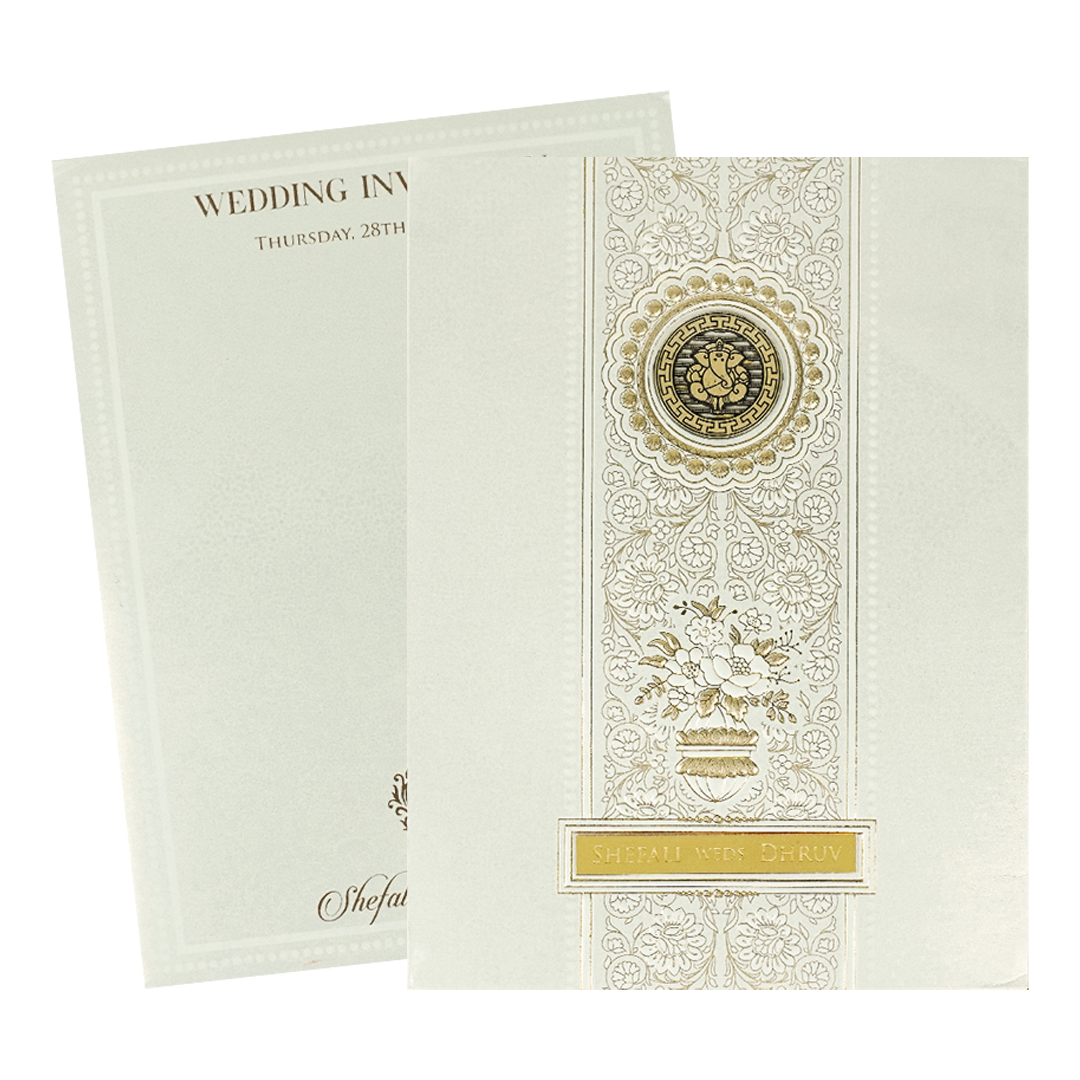 White Ganesha Floral Padded Wedding Card-KRE28220