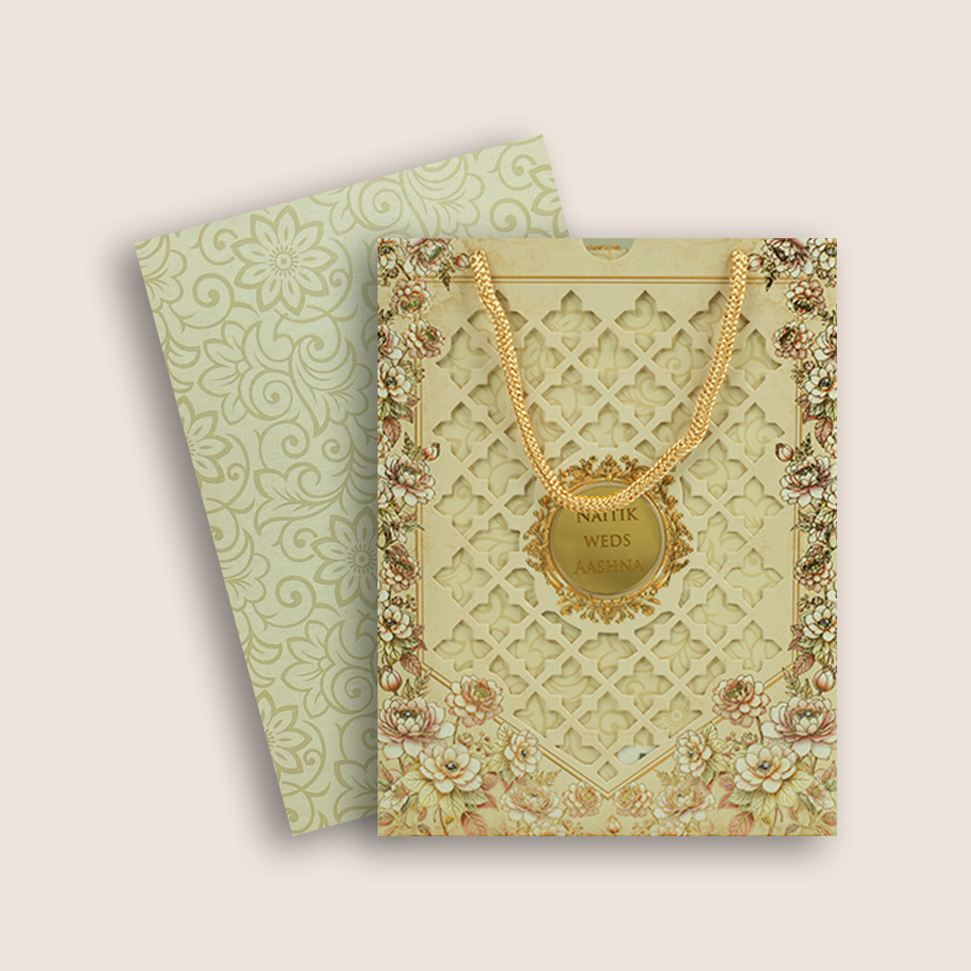 Beige Floral Laser Cut Bag Style Invitation Card - KPR07180