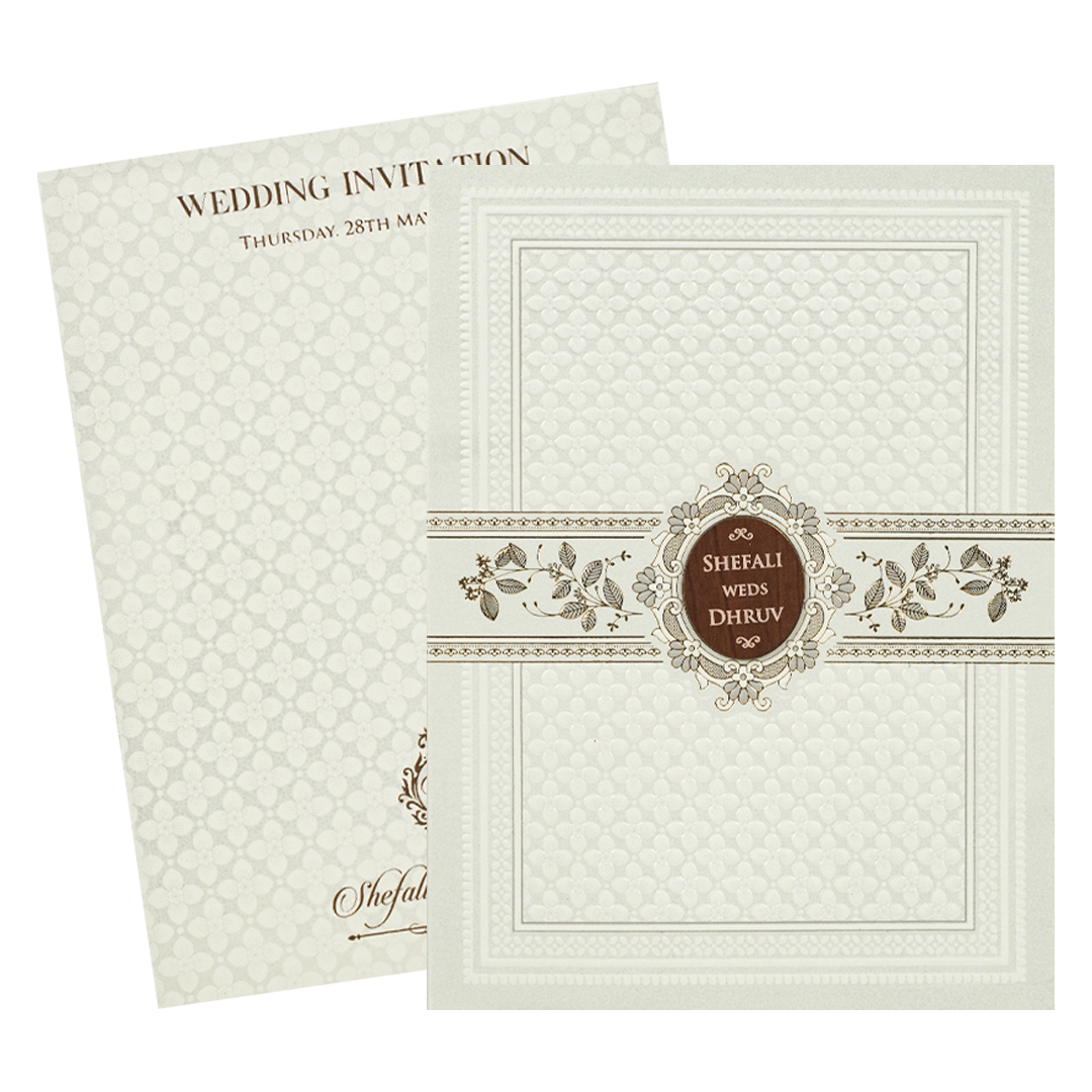 White Embossed Wooden Medallion Wedding Card-KRE28460