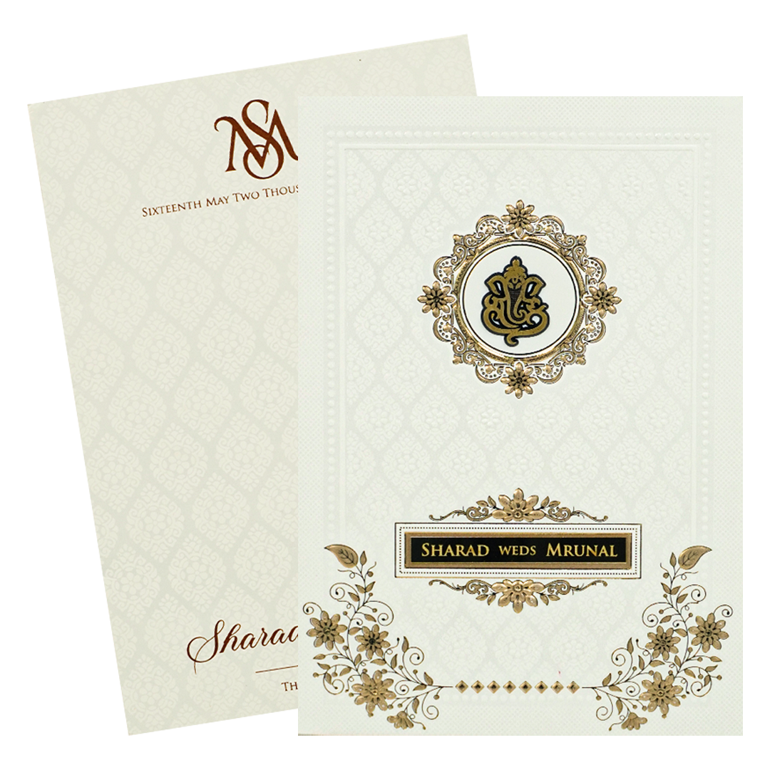 White Ganesh Embossed Floral Wedding card-KRE28650