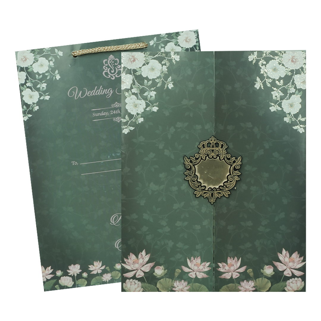Green Lotus Floral Bag Wedding Card-KJTS3649