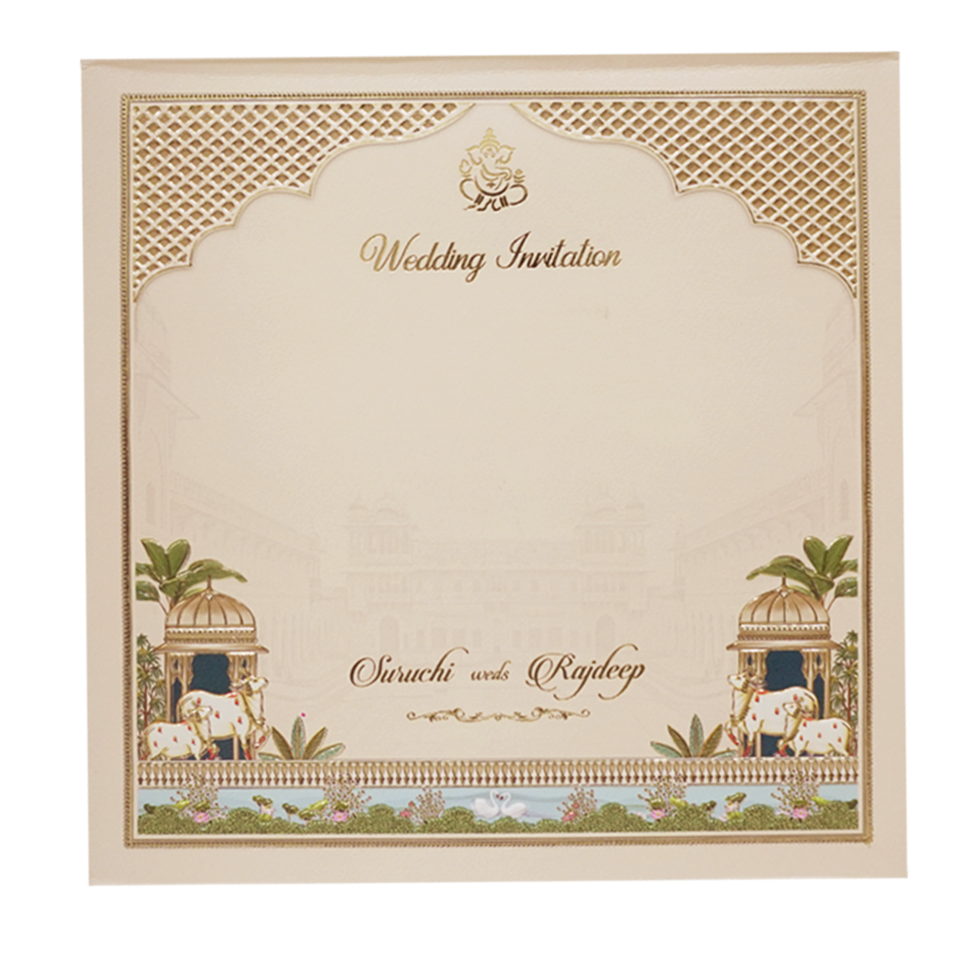 Palace Cream & Blue Padded Wedding Card-KMMEX8070