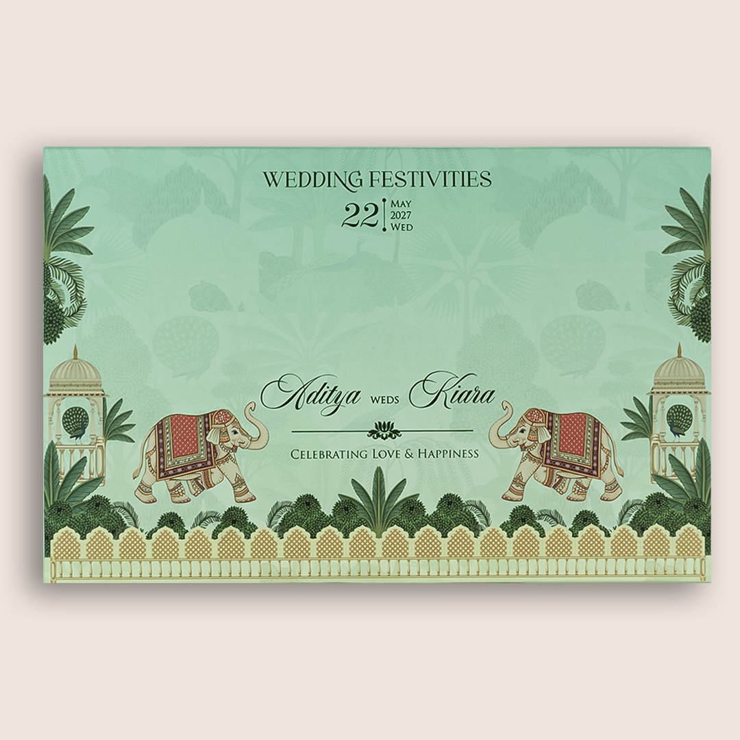 Pastel Green Embosses Elephant Padded Wedding Card - KFR17410