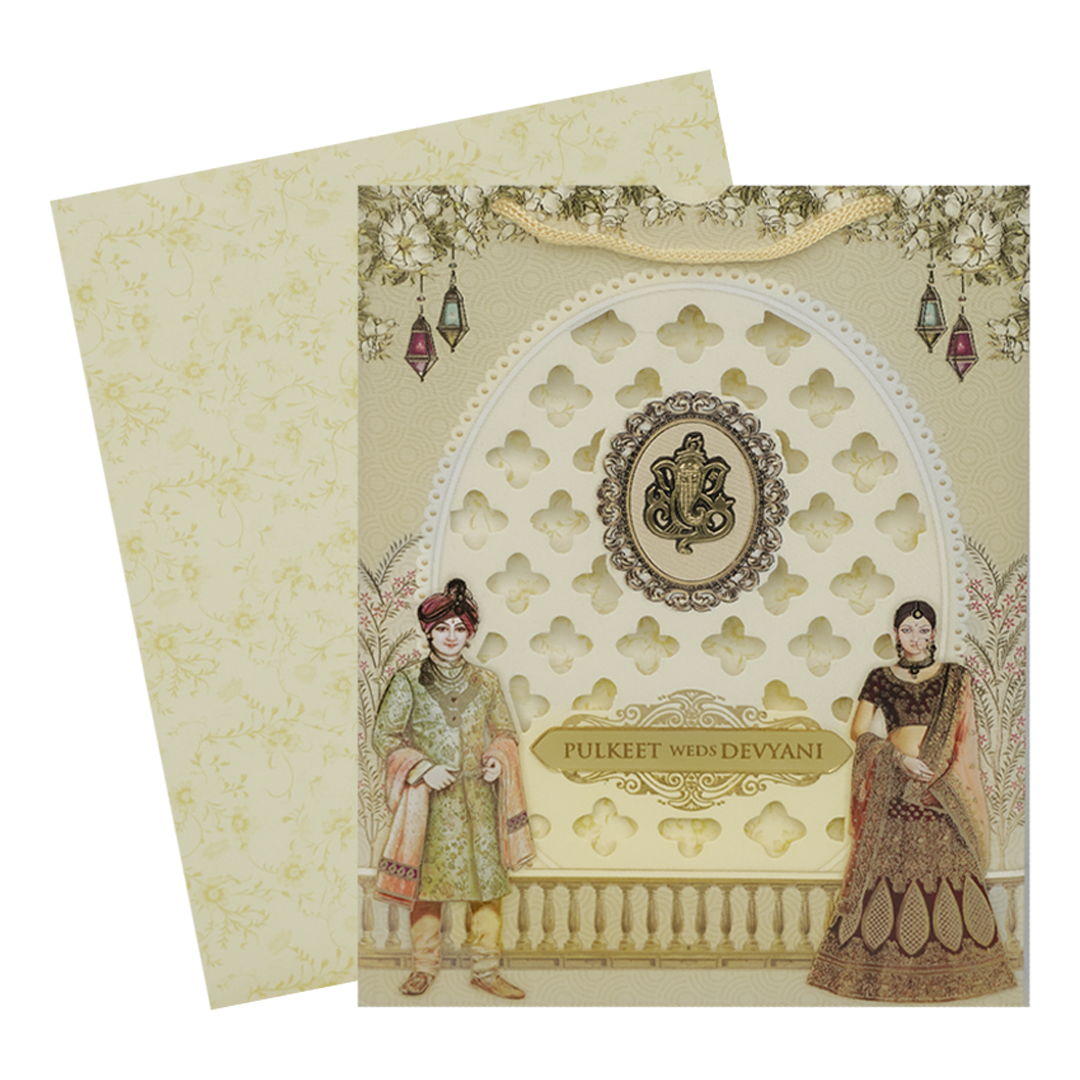 Cream Laser-Cut Bride and Groom Wedding Card-KJTS1840