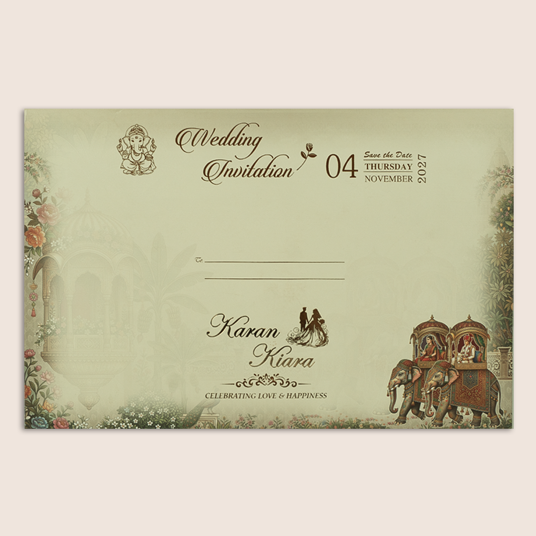 Beige Embossed Royal Baraat Door Padded Marriage Card - KSH18140