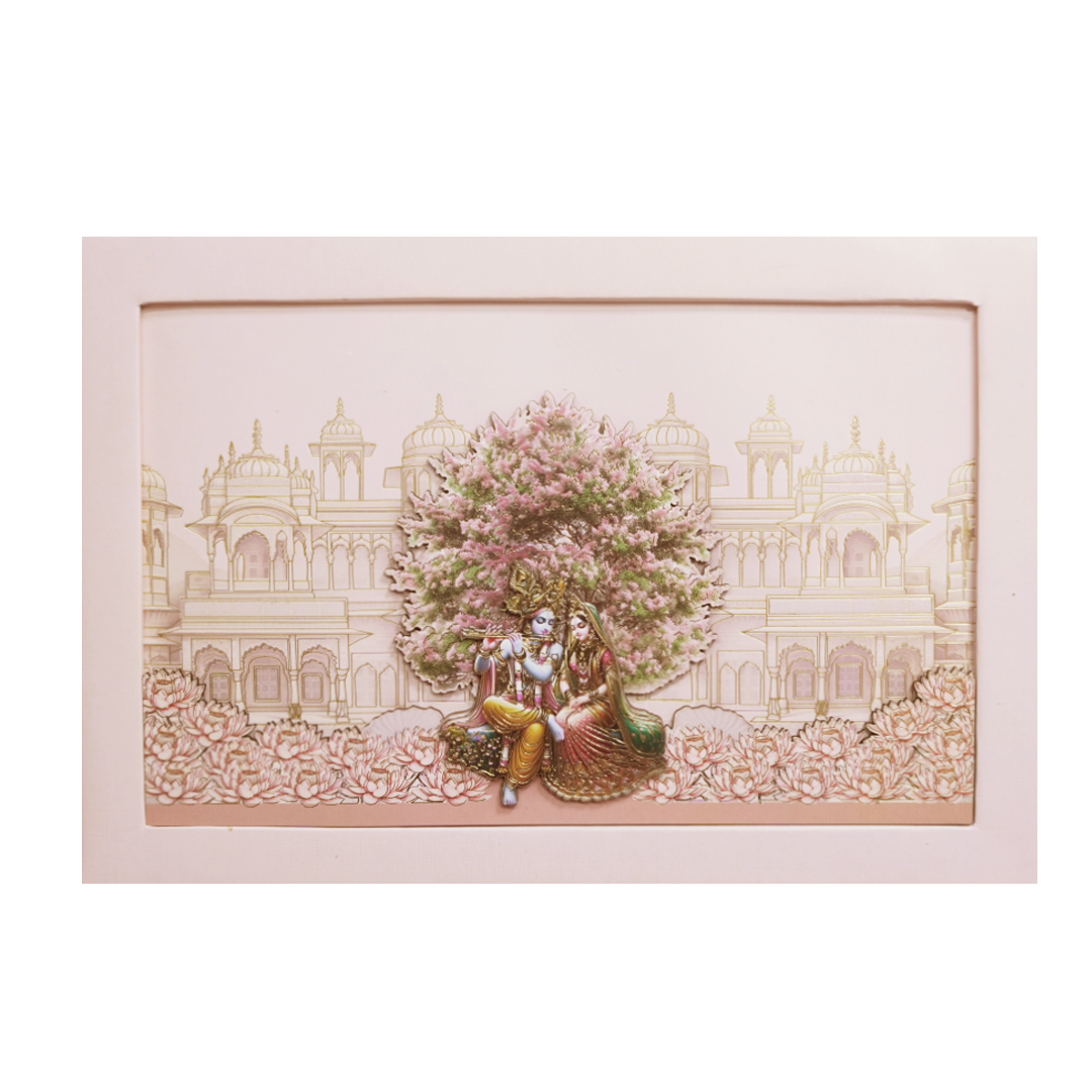Pink Radha Krishna Padded Palace Wedding Card -KMMEX8210