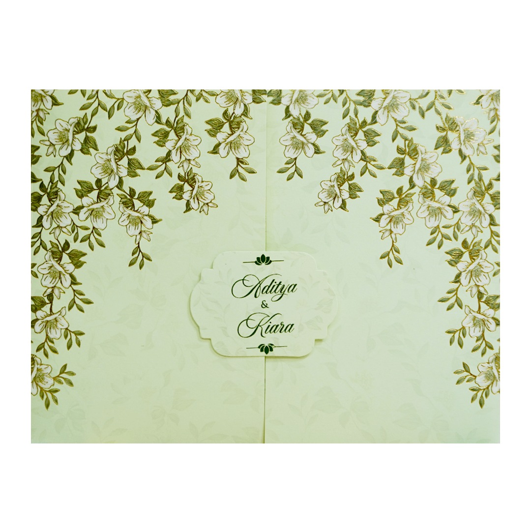 Floral Golden Green Openable Wedding Card - KFR16440