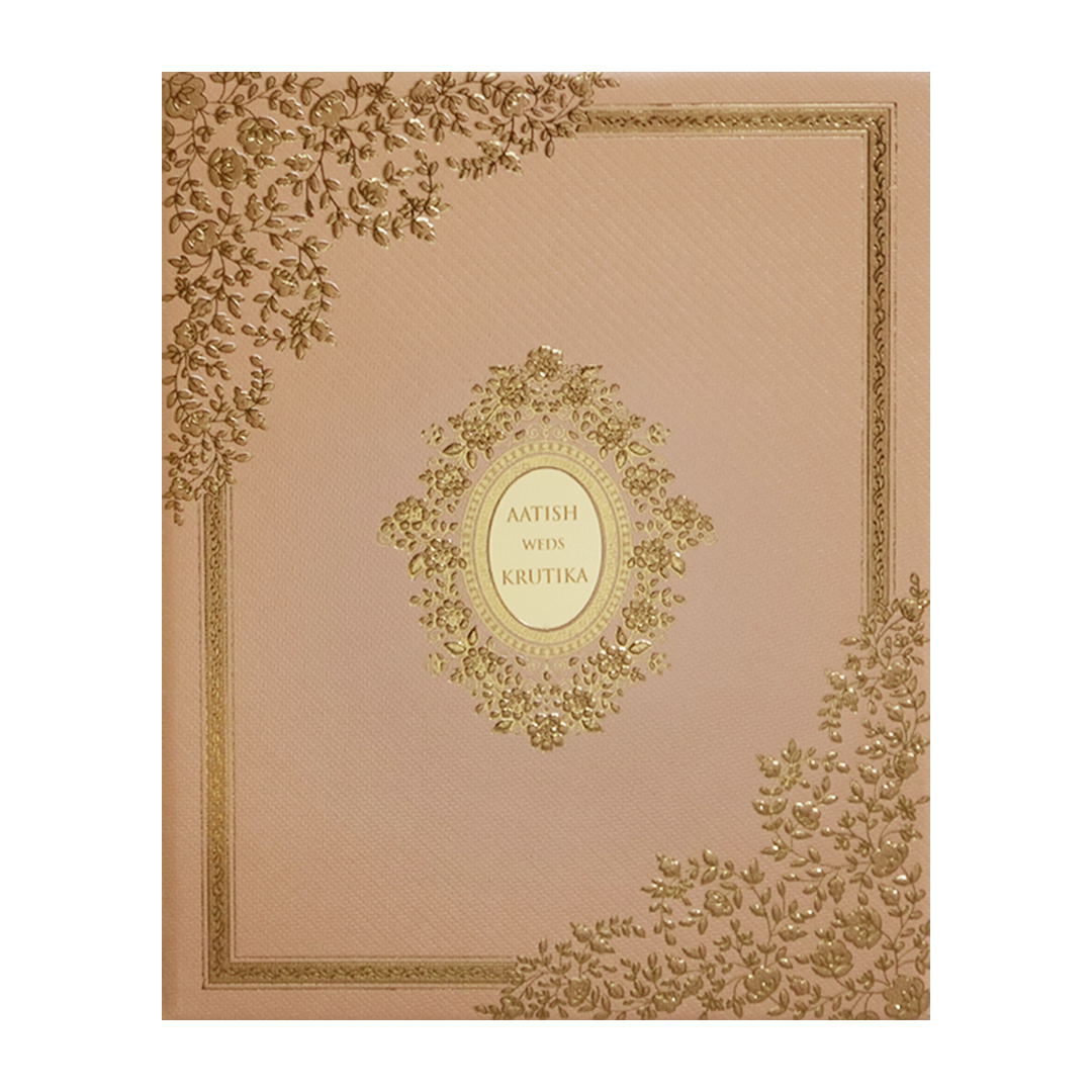 Orange Floral Gold Padded Wedding Card-KMMWD1150