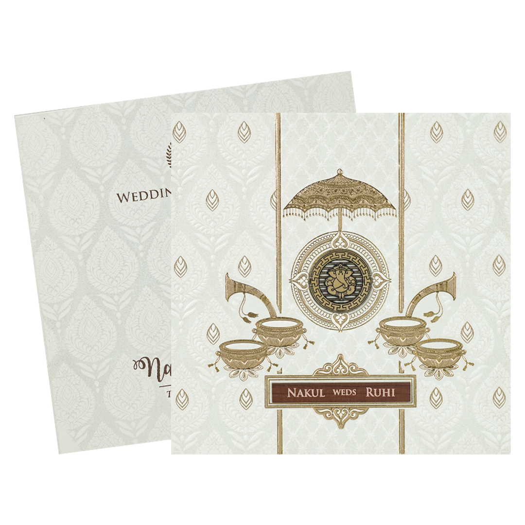 White Ganesha Umbrella Embossed Wedding card-KRE28530