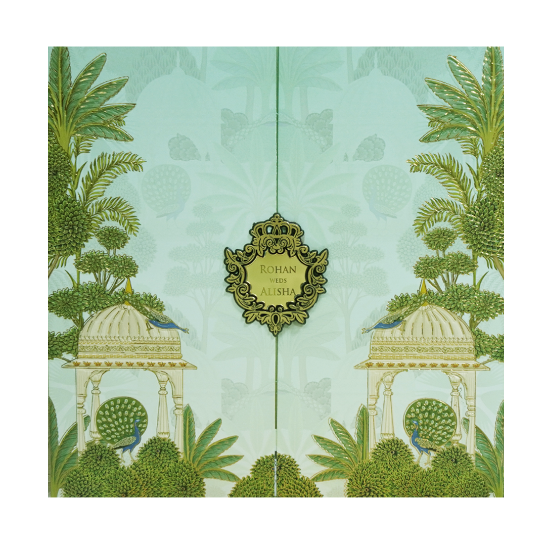 Mint Green Palace Peacock Wedding Card-KFR15350