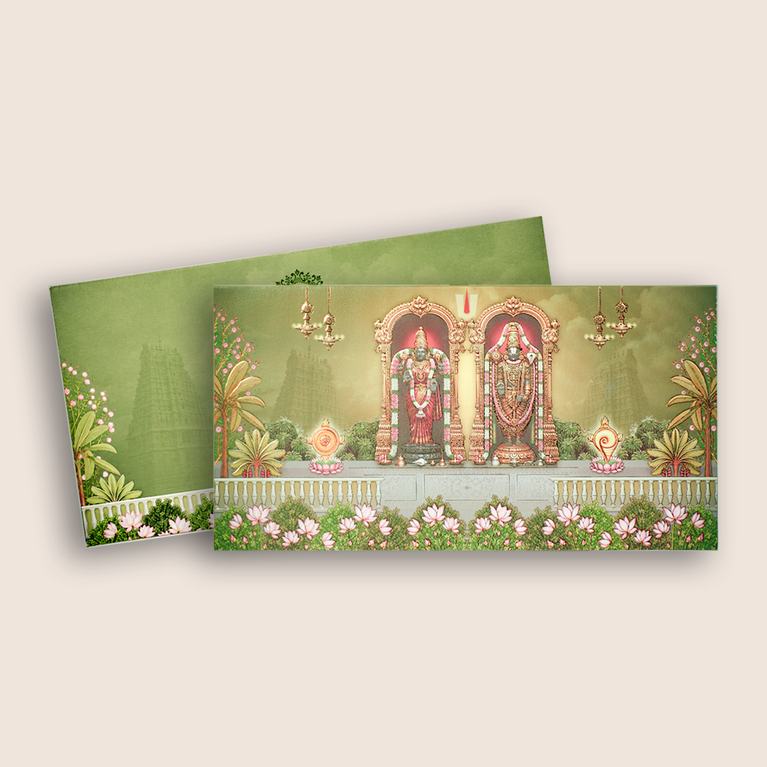 Green Embossed Lord Balaji Padmavati Marriage Card - KVN08050
