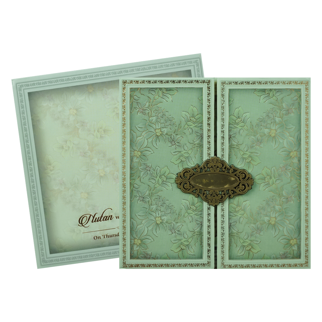 Mint Green Gold Floral Padded Wedding Card-KRE28050