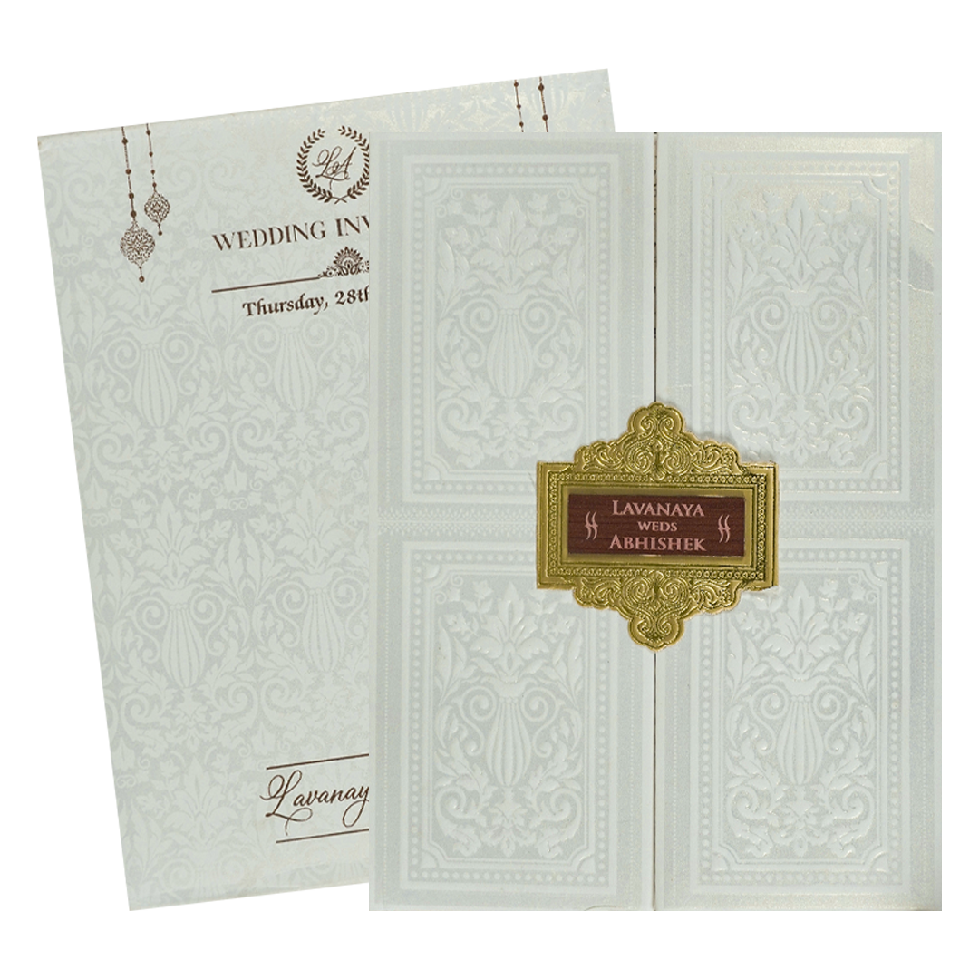 White Padded Embossed Padded Wedding Card-KRE25490