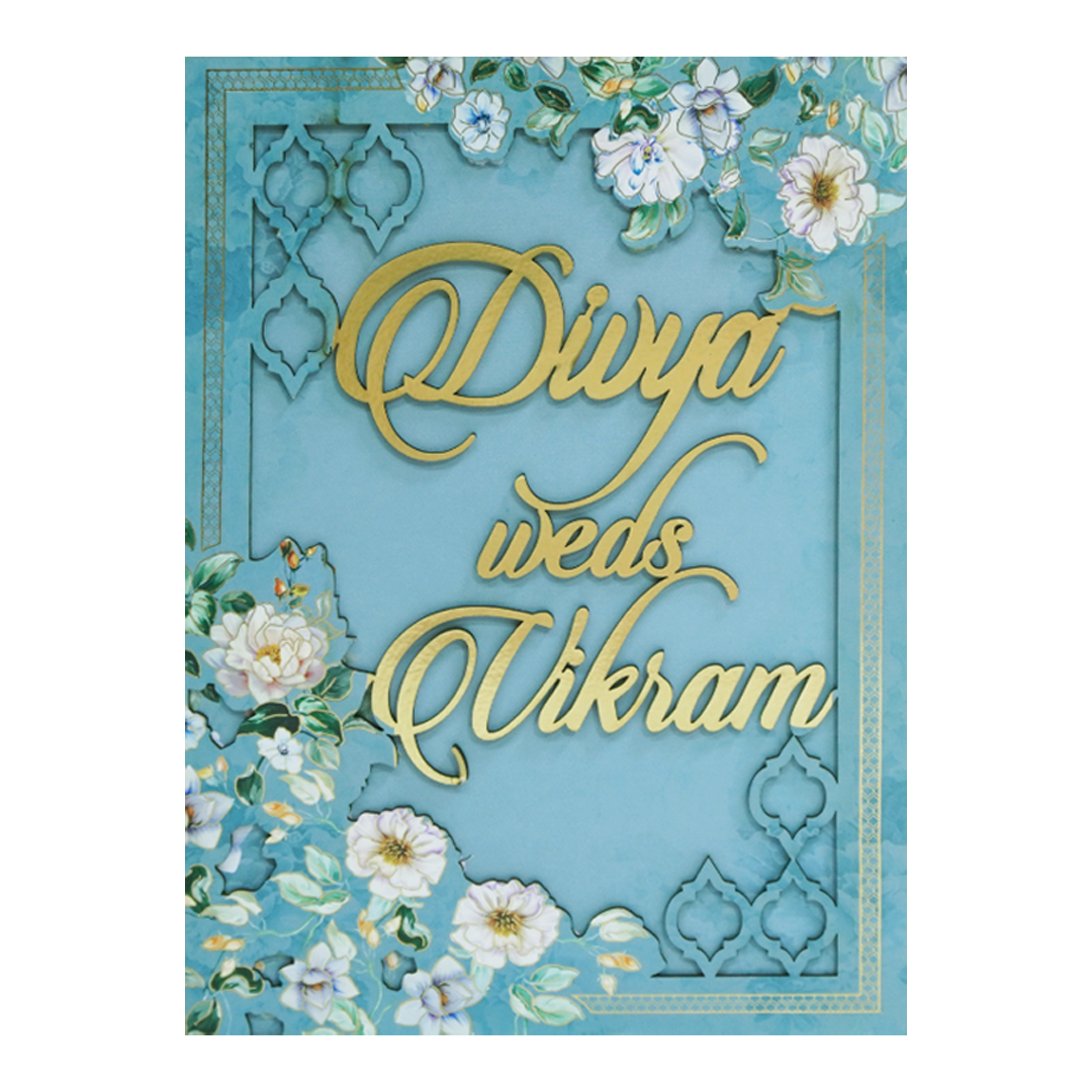 Blue Gold Laser-Cut Floral Wedding Card - KNOR5202