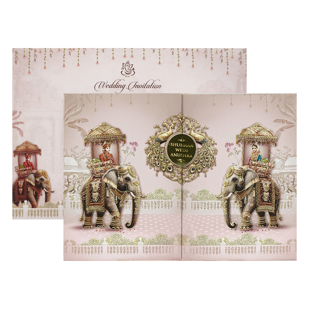 Pink Gold Elephant Theme Padded Wedding Card-KRB09210