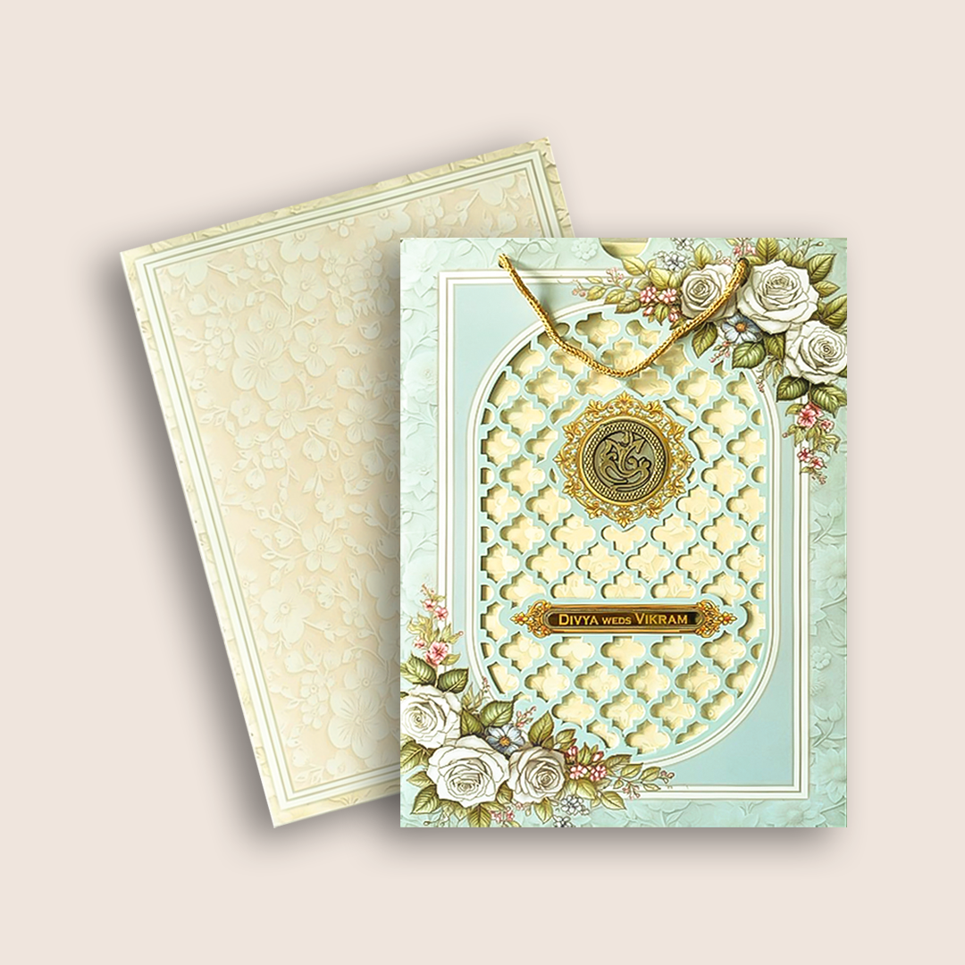 Pastel Blue Laser-Cut Floral Bag Style Wedding Card - KNAS3105