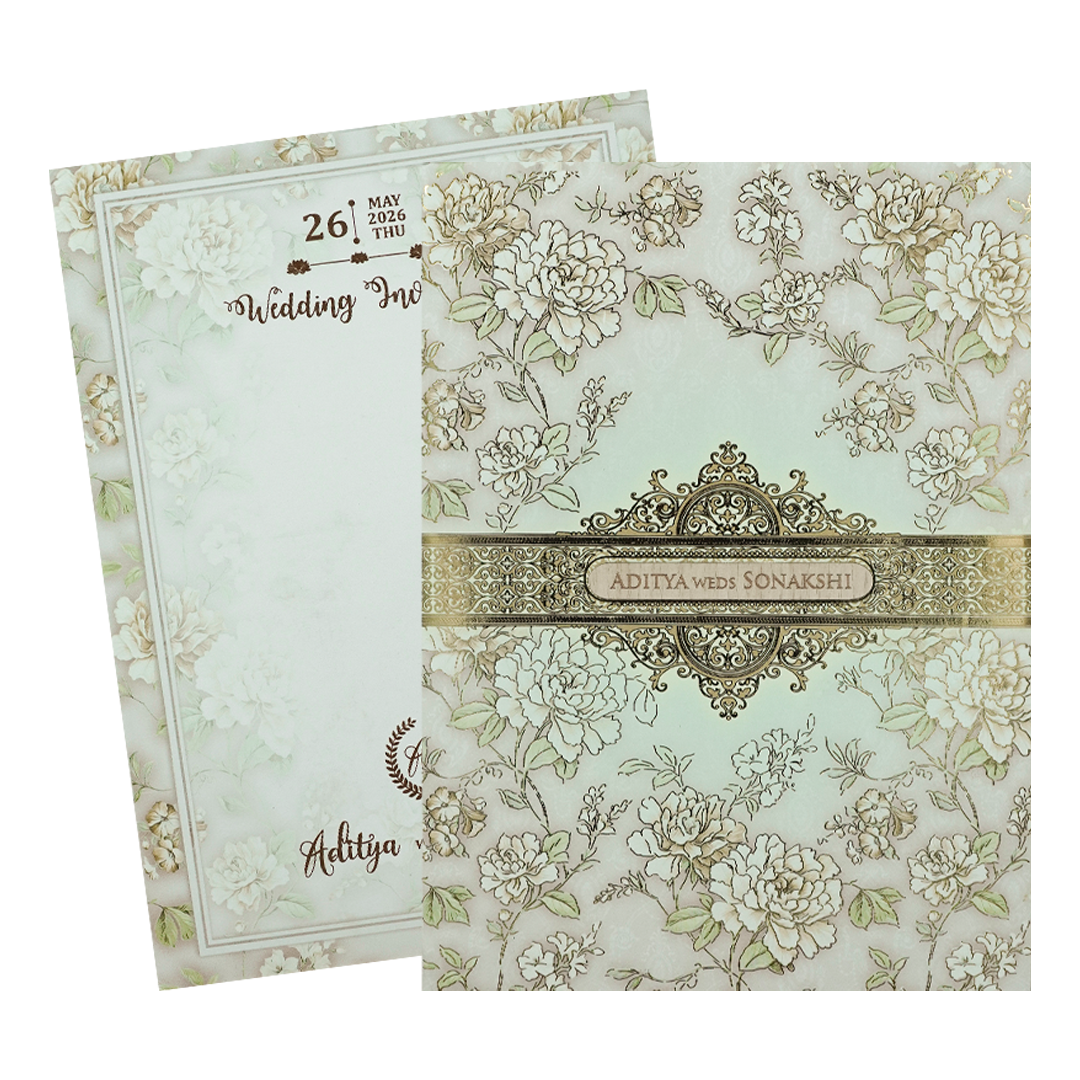 Green Floral Gold Frame Padded Wedding Card-KRE27240
