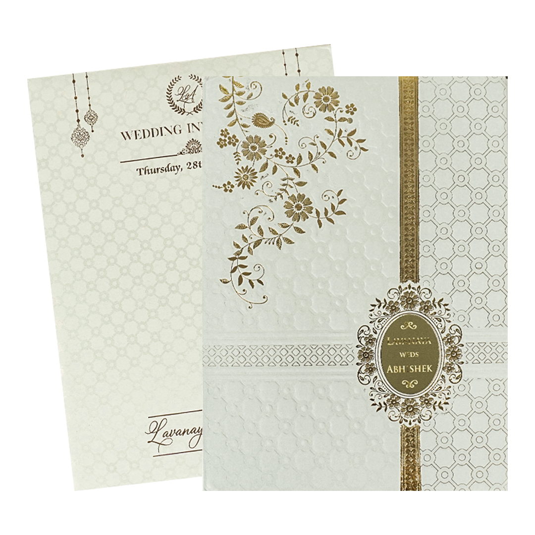 White Floral Geometric Gold Medallion Padded Wedding Card-KRE26340