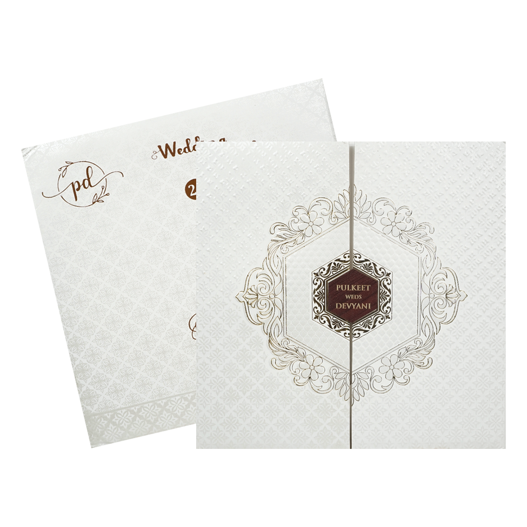 White Floral Hexagon Padded Wedding Card-KJTS1857