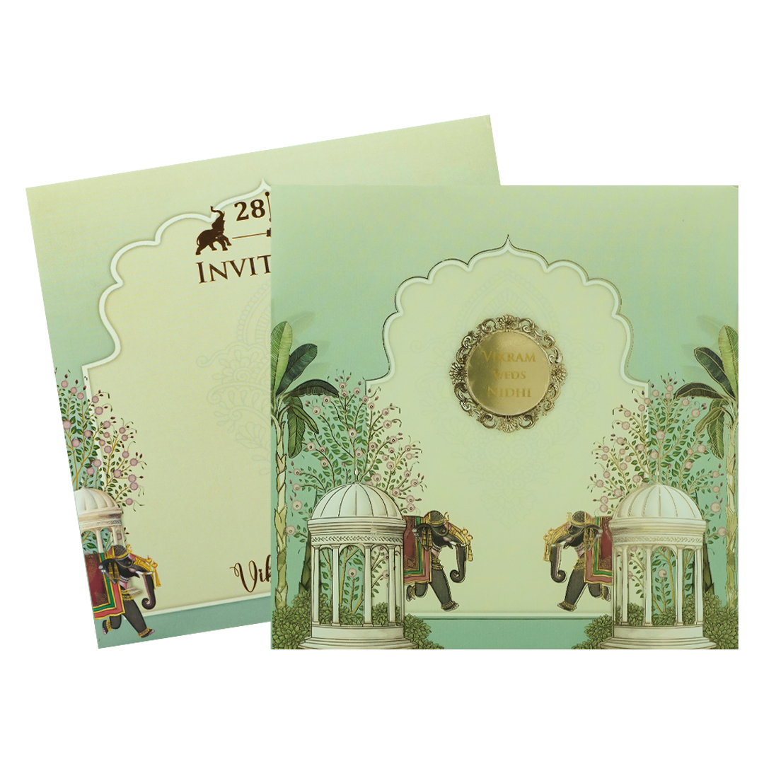 Mint Green Royal Elephant Padded Wedding Card-KRE27120