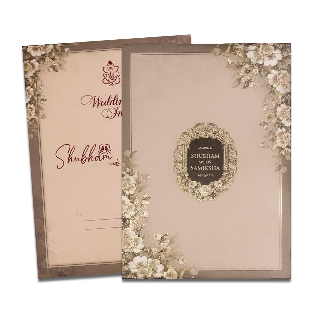 Beige Floral Padded Wedding Card-KSH72550