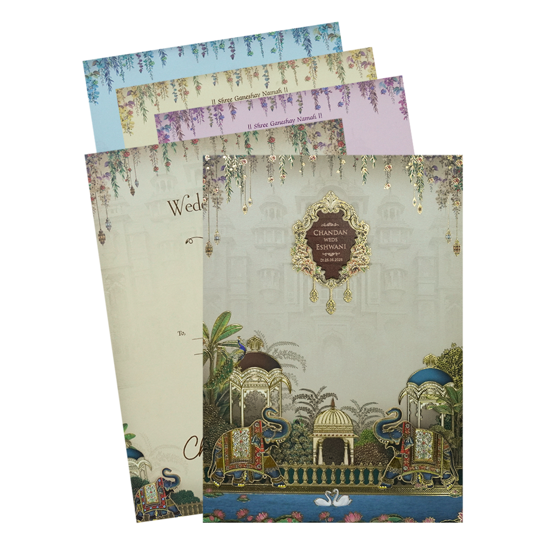 Grey Royal Elephant Padded Wedding Card-KSH72530