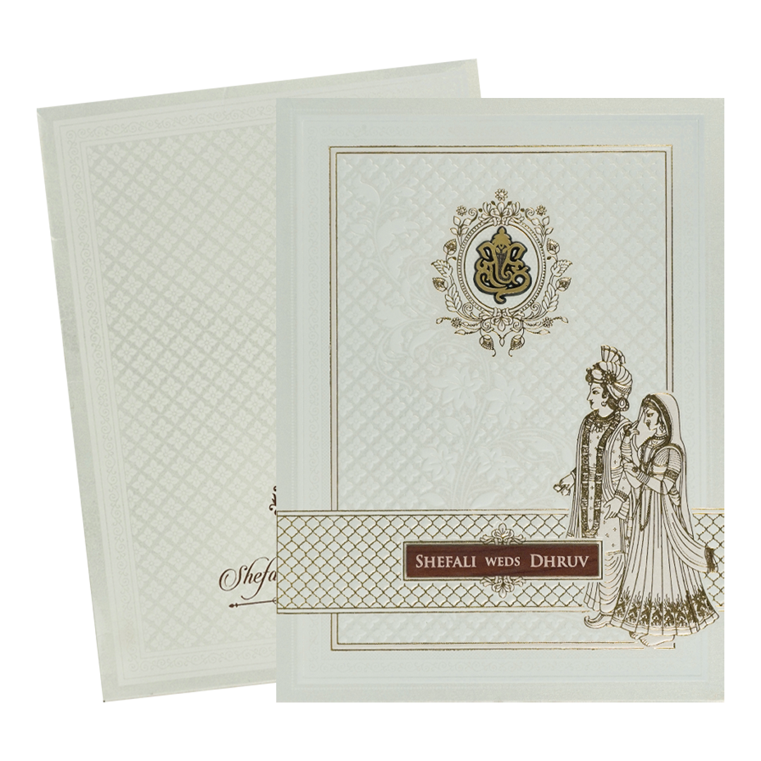 White Embossed Ganesha Wedding card-KRE28400