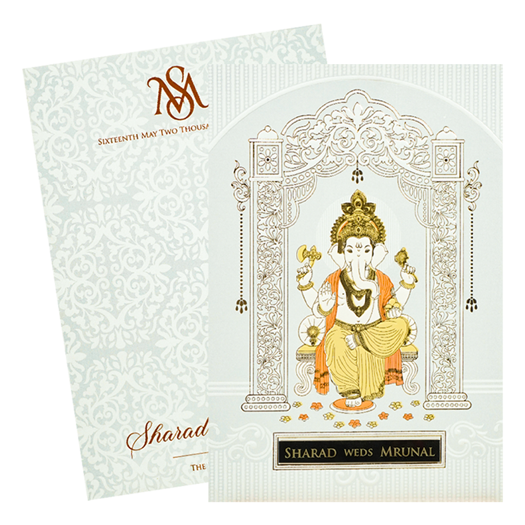 White Ganesha Arch Wedding card-KRE28630