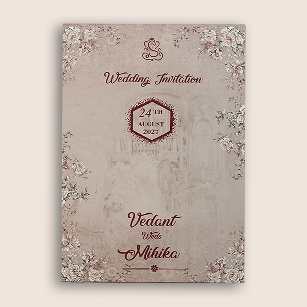 Blush Pink Floral Padded Door Style Wedding Card - KVN07080