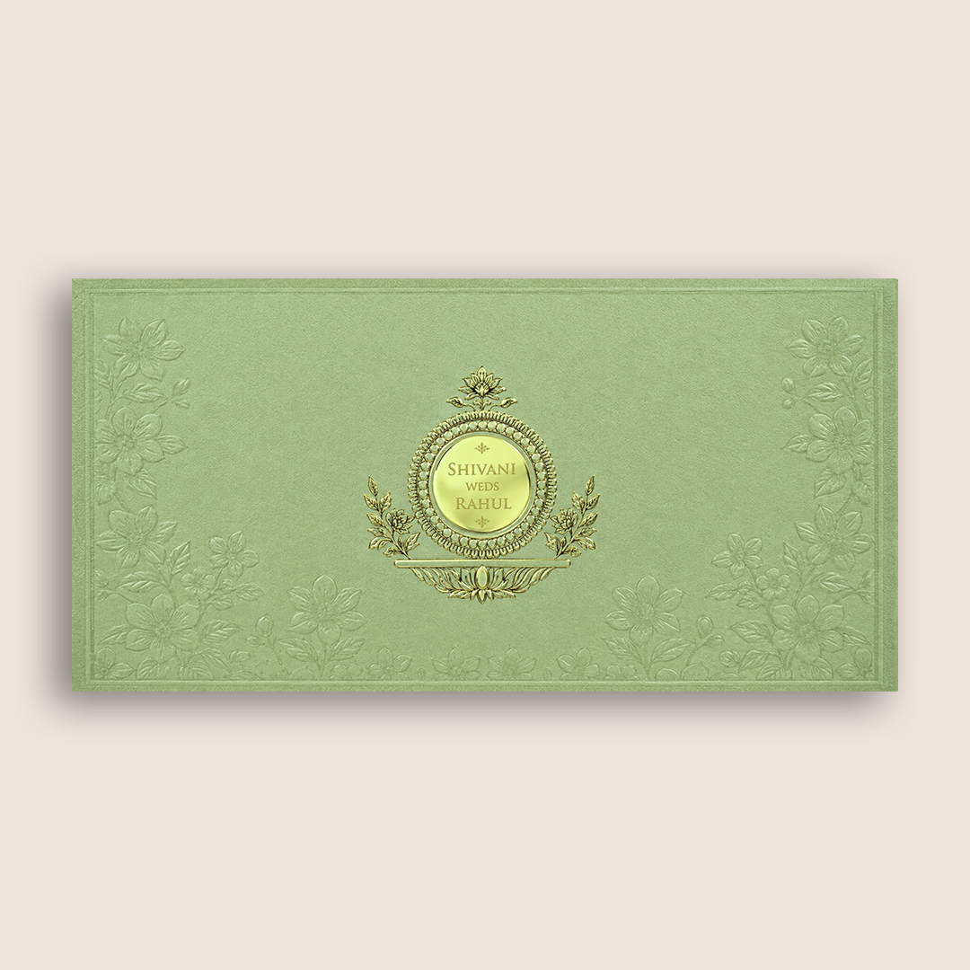 Pista Green Embossed Floral Wedding Card - KPR07580