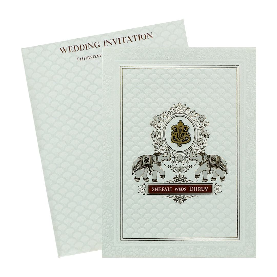 White Embossed Royal Elephant Wedding Card-KRE28420