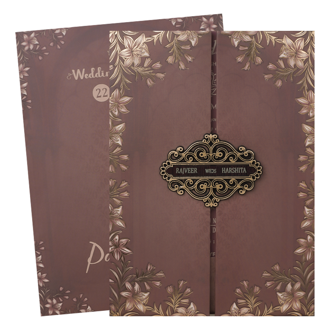 Brown Gold Floral Padded Wedding Card-KJTS1824