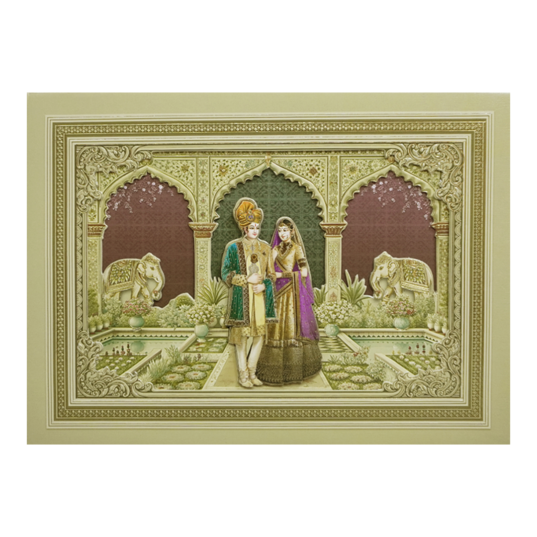 Green Palace Couple & Elephant Padded Wedding Card-KMMEX8010