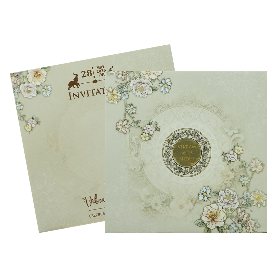 Grey Floral Embossed Circle Paddded Wedding Card-KRE27140