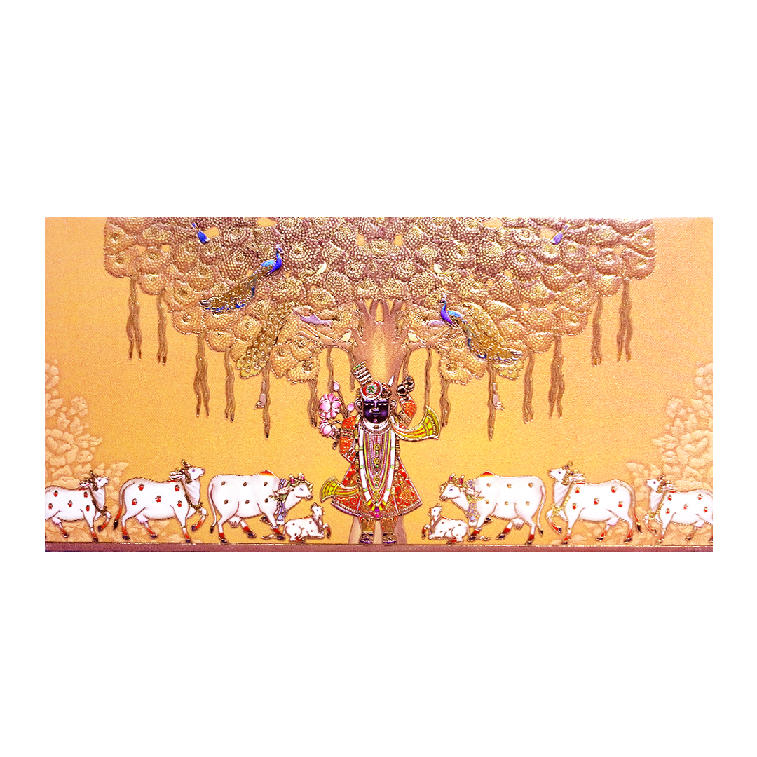 Peach Gold Embossed Shrinathji Wedding Invitation Card-KPR06460