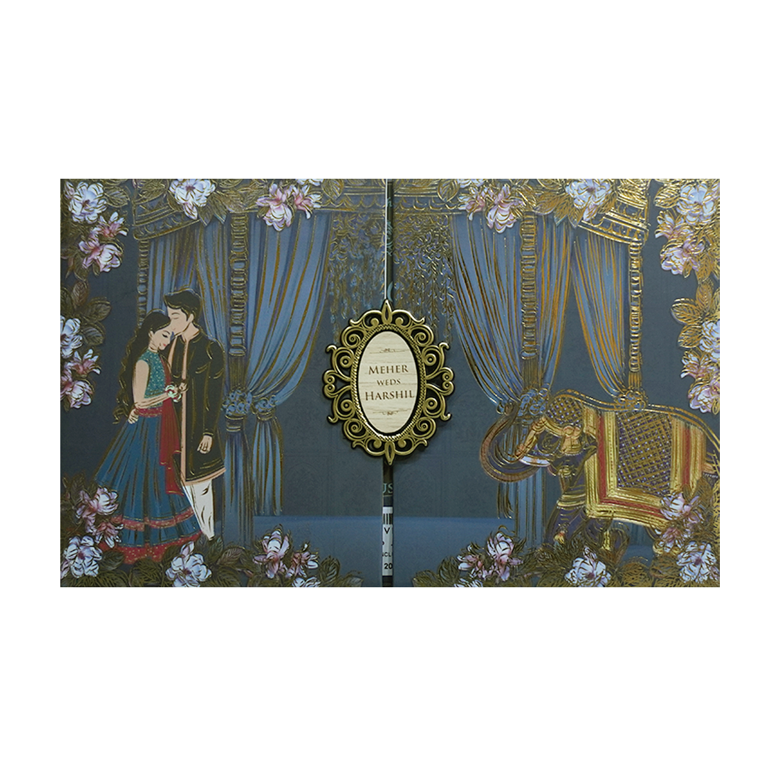 Navy Blue Padded Royal Curtain Wedding Invitation - KVN07440