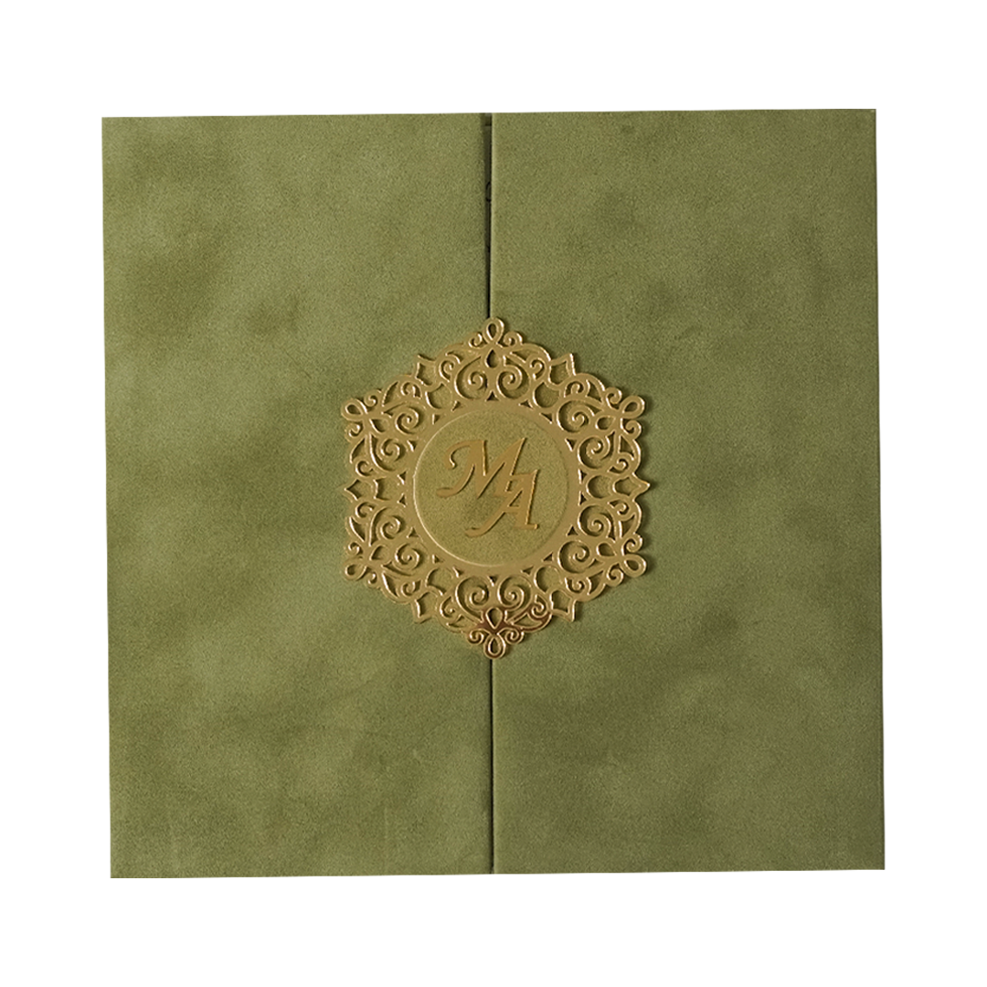 Check out Green Gatefold Padded Wedding Card at best price.WhatsApp Support |Express Delivery. | King of Cards.