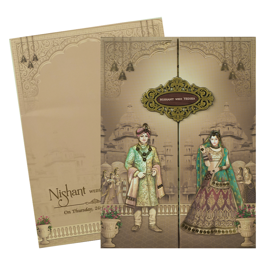 Brown Palace Royal Couple Padded Wedding Card-KRE27900