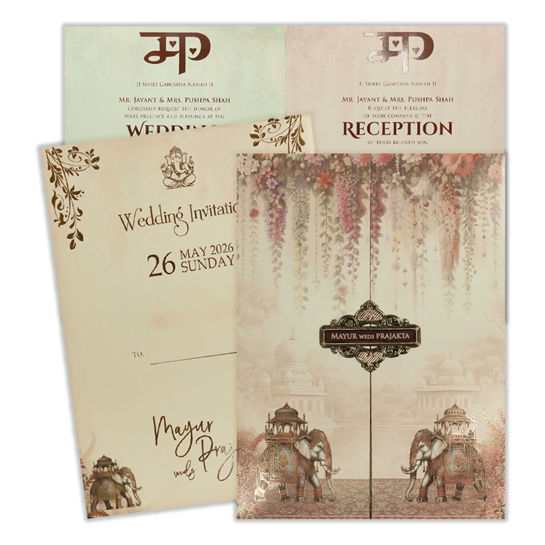 Check out Cream Floral Palace Elephant Wedding Card at best price. ✅WhatsApp Support ✅Express Delivery.|King of cards.