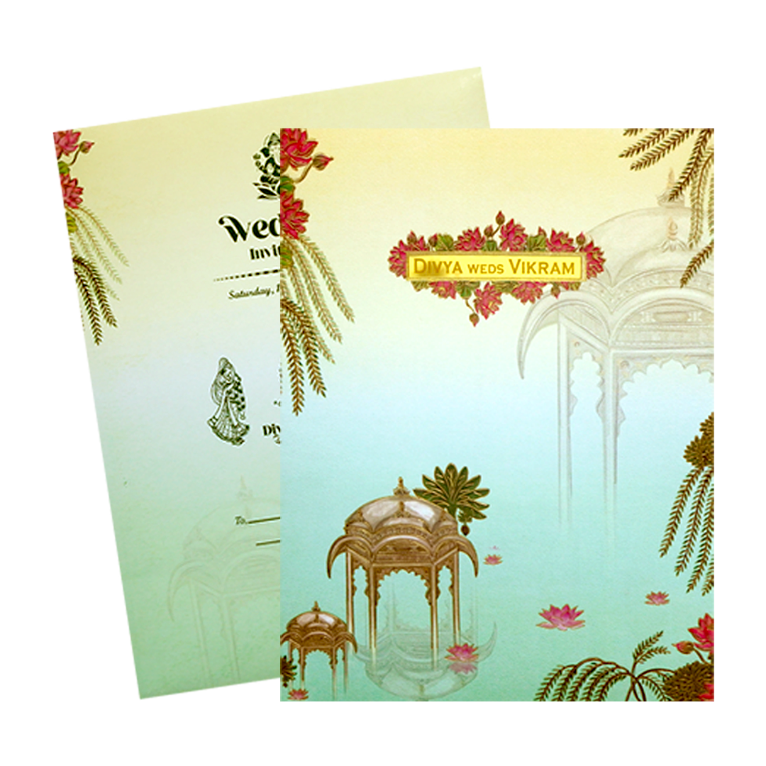 Pastel Green Lotus Pavilion Wedding Card-KNTY6808