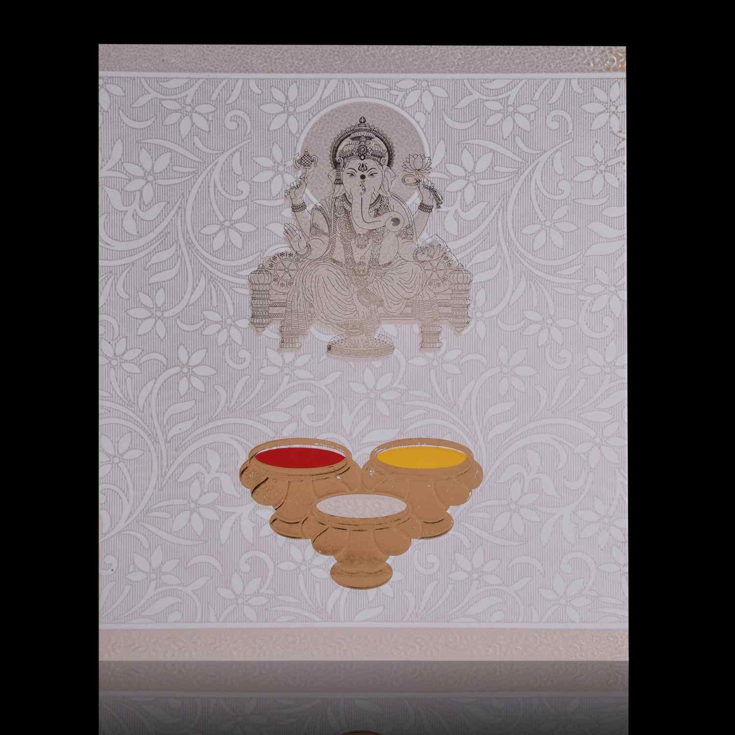 Pristine White Shading With Gold Ganesha Wedding Card - KNK4100