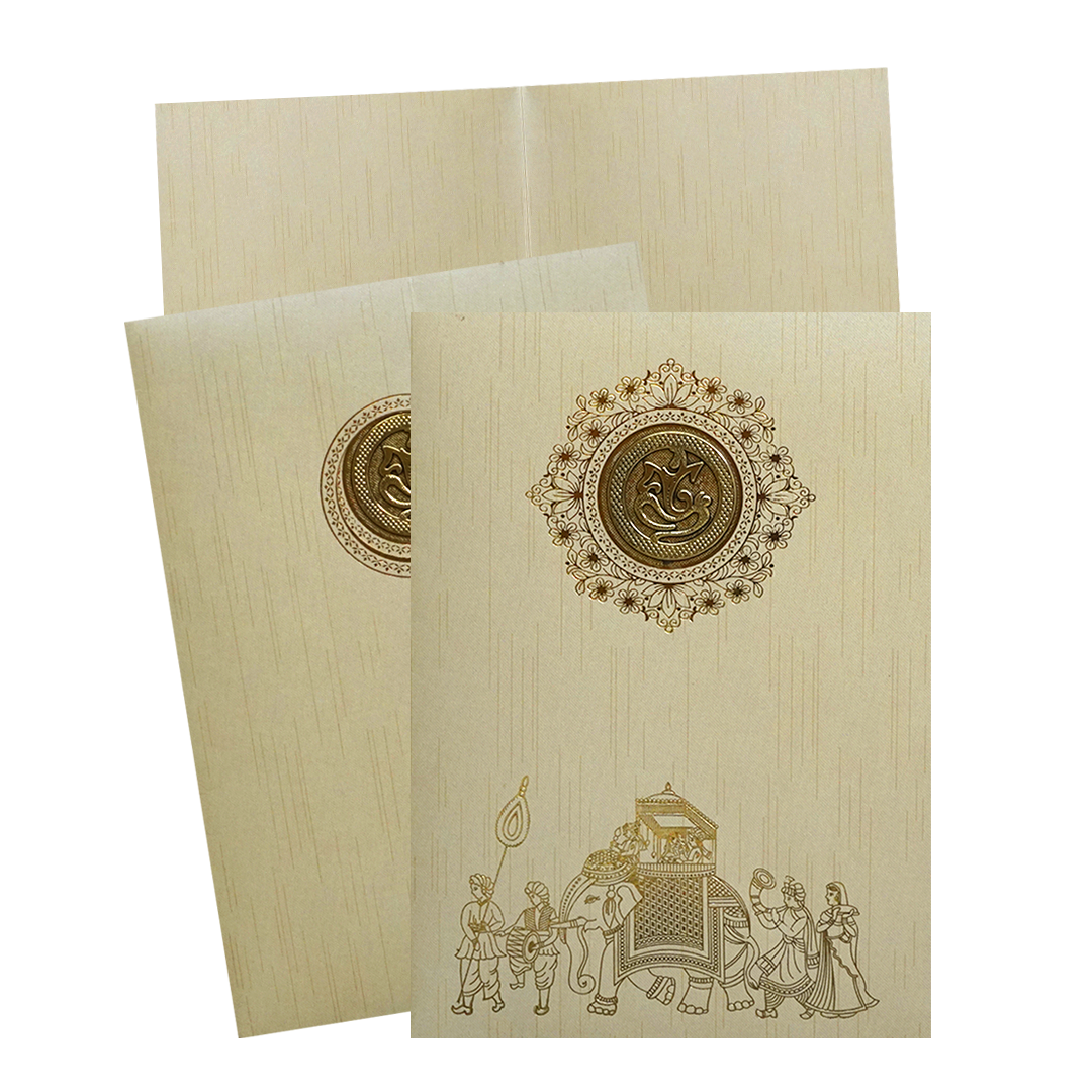 Beige Shiny Ganesha Wedding Card-KNKR039C