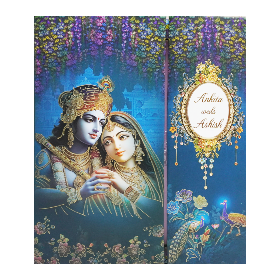 Blue Radha Krishna Padded Wedding Card-King of Cards