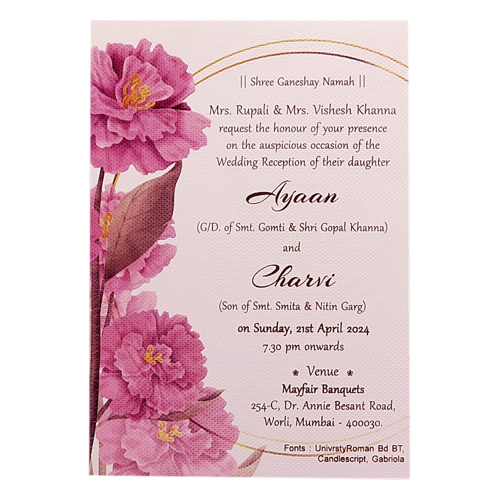 Pink floral single sheet invitation card-KRCS6082