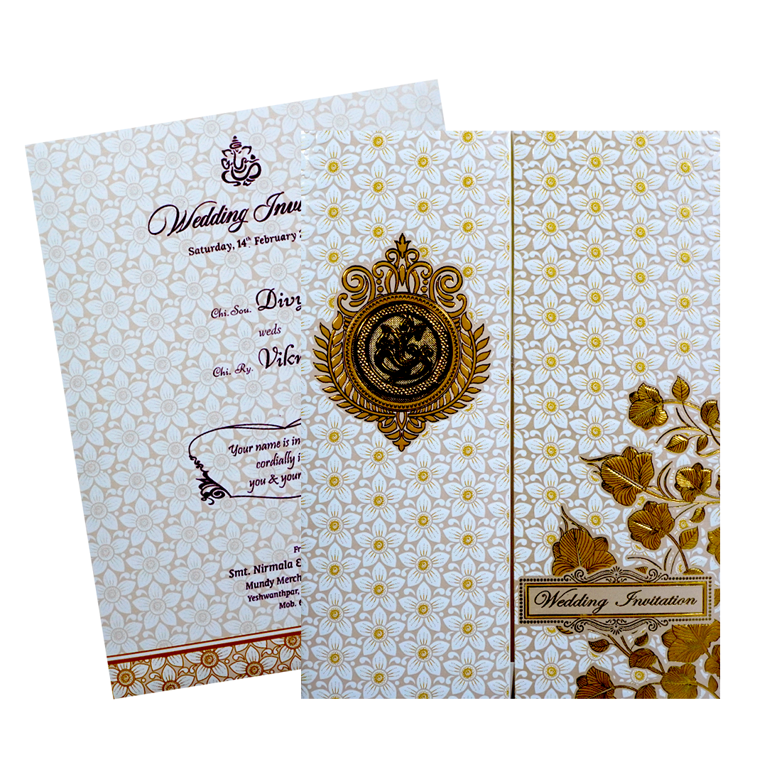 White Floral Embossed Door Invitation Card-King of Cards
